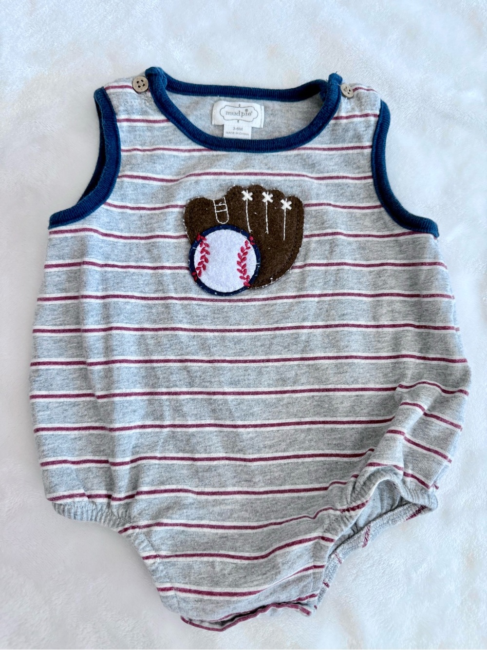 Mud Pie Gray Striped Baby Tee with Navy Trim and Brown Glove Applique